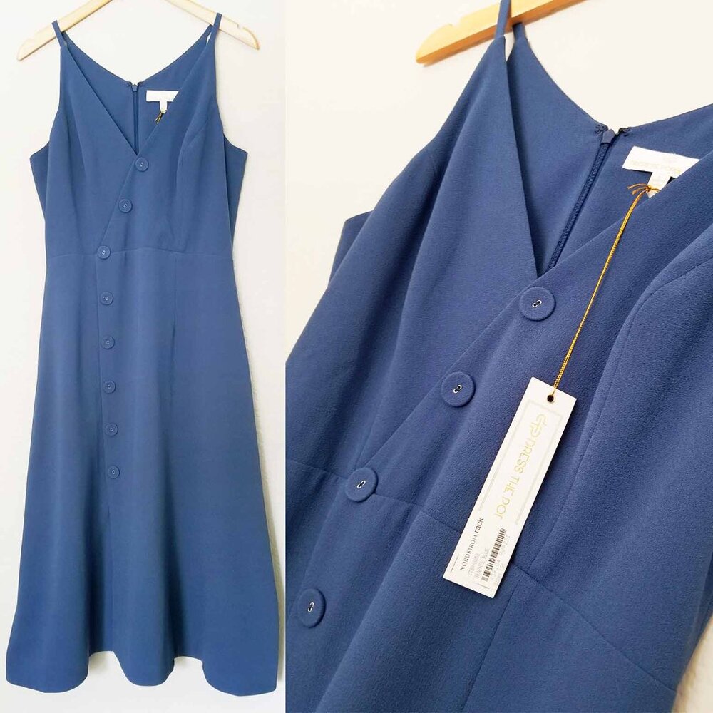 NEW Dress the Population Women's L Emily Midi Dress Graphite Blue Fit Flared NWT - Picture 2 of 11